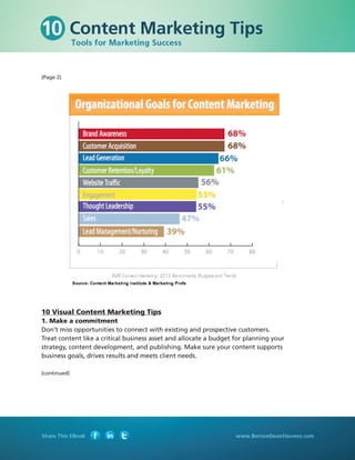 (Page 2)




10 Visual Content Marketing Tips
1. Make a commitment
Don’t miss opportunities to connect with existing and prospective customers.
Treat content like a critical business asset and allocate a budget for planning your
strategy, content development, and publishing. Make sure your content supports
business goals, drives results and meets client needs.

(continued)
 