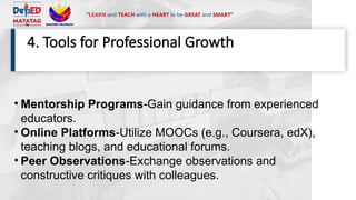 “LEARN and TEACH with a HEART to be GREAT and SMART”
4. Tools for Professional Growth
• Mentorship Programs-Gain guidance from experienced
educators.
• Online Platforms-Utilize MOOCs (e.g., Coursera, edX),
teaching blogs, and educational forums.
• Peer Observations-Exchange observations and
constructive critiques with colleagues.
 