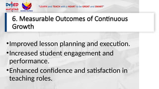 “LEARN and TEACH with a HEART to be GREAT and SMART”
6. Measurable Outcomes of Continuous
Growth
•Improved lesson planning and execution.
•Increased student engagement and
performance.
•Enhanced confidence and satisfaction in
teaching roles.
 