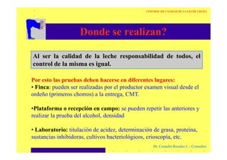 Donde se realizan?
CONTROL DE CALIDAD DE LA LECHE CRUDA
Al ser la calidad de la leche responsabilidad de todos, el
control de la misma es igual.
Por esto las pruebas deben hacerse en diferentes lugares:
Dr. Cornelio Rosales J. - Consultor
Por esto las pruebas deben hacerse en diferentes lugares:
• Finca: pueden ser realizadas por el productor examen visual desde el
ordeño (primeros chorros) a la entrega, CMT.
•Plataforma o recepción en campo: se pueden repetir las anteriores y
realizar la prueba del alcohol, densidad
• Laboratorio: titulación de acidez, determinación de grasa, proteína,
sustancias inhibidoras, cultivos bacteriológicos, crioscopía, etc.
 