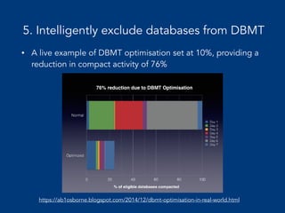 • A live example of DBMT optimisation set at 10%, providing a
reduction in compact activity of 76%
https://ab1osborne.blogspot.com/2014/12/dbmt-optimisation-in-real-world.html
5. Intelligently exclude databases from DBMT
 