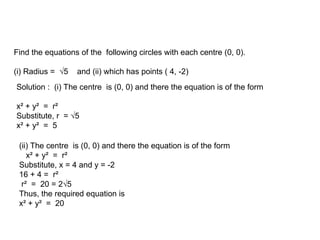 Let’s practice
Find the equations of the following circles with each centre (0, 0).
(i) Radius = √5 and (ii) which has points ( 4, -2)
Solution : (i) The centre is (0, 0) and there the equation is of the form
x² + y² = r²
Substitute, r = √5
x² + y² = 5
(ii) The centre is (0, 0) and there the equation is of the form
x² + y² = r²
Substitute, x = 4 and y = -2
16 + 4 = r²
r² = 20 = 2√5
Thus, the required equation is
x² + y² = 20
 