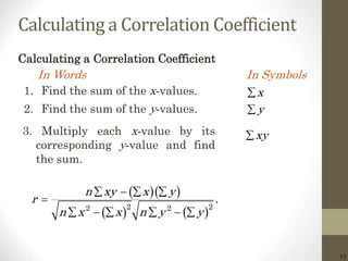 15
Calculating a Correlation Coefficient
  
   2 22 2
.
n xy x y
r
n x x n y y
   

     
1. Find the sum of the x-values.
2. Find the sum of the y-values.
Calculating a Correlation Coefficient
In Words In Symbols
x
y
xy3. Multiply each x-value by its
corresponding y-value and find
the sum.
 