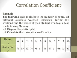 19
Correlation Coefficient
Hours,
x
0 1 2 3 3 5 5 5 6 7 7 10
Test score,
y
96 85 82 74 95 68 76 84 58 65 75 50
Example:
The following data represents the number of hours, 12
different students watched television during the
weekend and the scores of each student who took a test
the following Monday.
a.) Display the scatter plot.
b.) Calculate the correlation coefficient r.
 