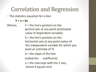 37
Correlation and Regression
• The statistics equation for a line:
Y = a + bx
Where: Y = the line’s position on the
vertical axis at any point (estimated
value of dependent variable)
X = the line’s position on the
horizontal axis at any point (value of
the independent variable for which you
want an estimate of Y)
b = the slope of the line
(called the coefficient)
a = the intercept with the Y axis,
where X equals zero
^
^
 