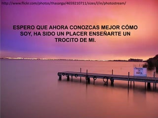 http://www.flickr.com/photos/thasarga/4659210711/sizes/l/in/photostream/




      ESPERO QUE AHORA CONOZCAS MEJOR CÓMO
        SOY, HA SIDO UN PLACER ENSEÑARTE UN
                    TROCITO DE MI.
 