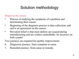 Solution methodology Diagnose the causes Process of studying the symptoms of a problem and determining their causes. Beginning of the diagnosis process is data collection; and end is an agreement on the causes. Prevalent belief is that most defects are caused during manufacturing and are worker controllable. Its incorrect on both counts! Two journeys are required for quality improvement:  Diagnostic journey: from symptom to cause Remedial journey: from cause to remedy. 