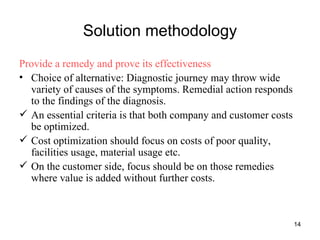 Solution methodology Provide a remedy and prove its effectiveness Choice of alternative: Diagnostic journey may throw wide variety of causes of the symptoms. Remedial action responds to the findings of the diagnosis. An essential criteria is that both company and customer costs be optimized. Cost optimization should focus on costs of poor quality, facilities usage, material usage etc. On the customer side, focus should be on those remedies where value is added without further costs. 