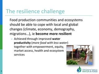 The resilience challenge
     Food production communities and ecosystems
     should be able to cope with local and global
     changes (climate, economy, demography,
     migrations…), ie become more resilient
         Achieved through improved water
          productivity (more food with less water)
          together with empowerment, equity,
          market access, health and ecosystem
          services



3
 