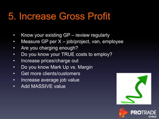 5. Increase Gross Profit
• Know your existing GP – review regularly
• Measure GP per X – job/project, van, employee
• Are you charging enough?
• Do you know your TRUE costs to employ?
• Increase prices/charge out
• Do you know Mark Up vs. Margin
• Get more clients/customers
• Increase average job value
• Add MASSIVE value
 