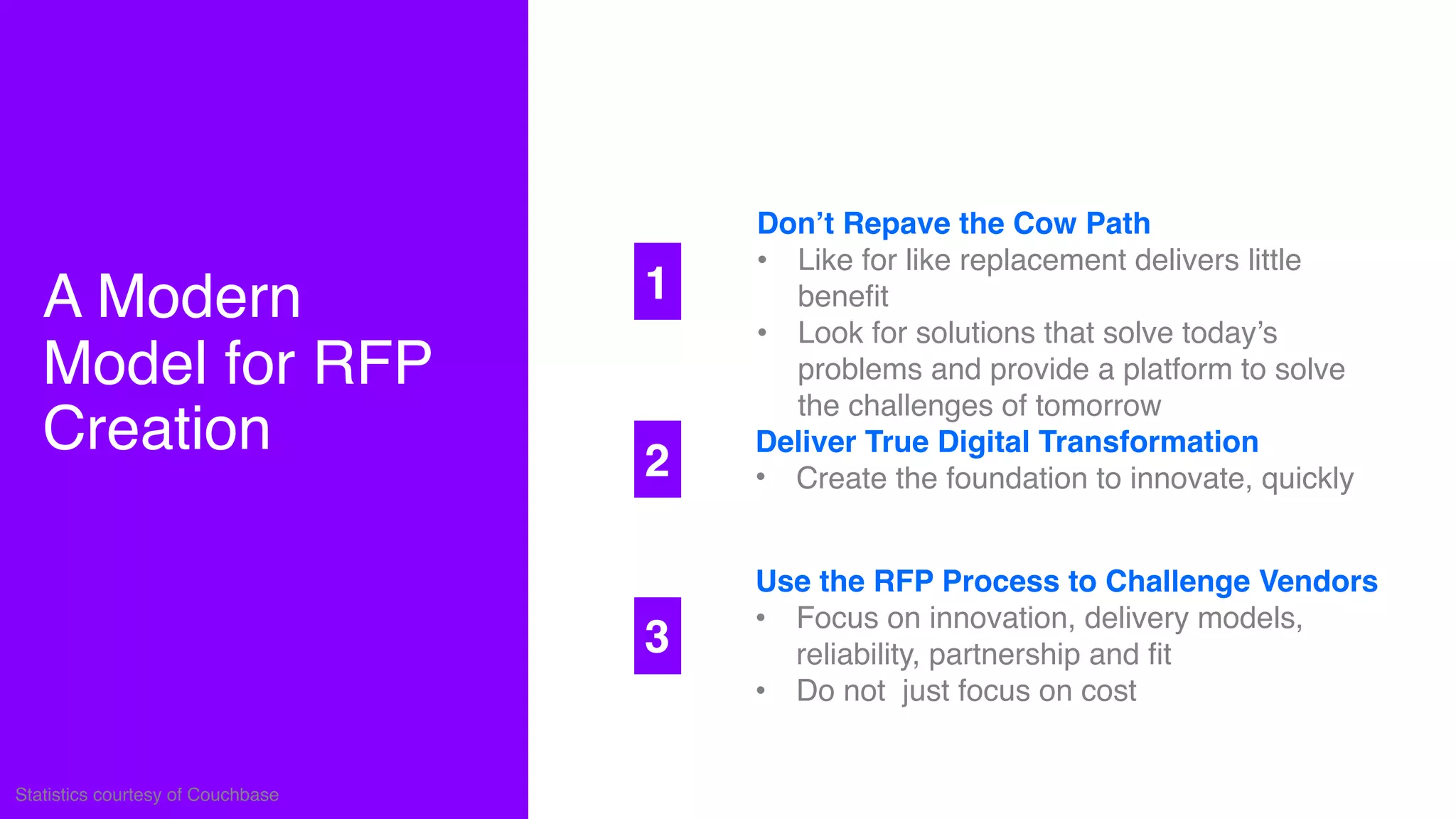 A Modern  
Model for RFP
Creation
Don’t Repave the Cow Path
• Like for like replacement delivers little
benefit
• Look for solutions that solve today’s
problems and provide a platform to solve
the challenges of tomorrow
Deliver True Digital Transformation
• Create the foundation to innovate, quickly
Statistics courtesy of Couchbase
Use the RFP Process to Challenge Vendors
• Focus on innovation, delivery models,
reliability, partnership and fit
• Do not just focus on cost
3
1
2
 