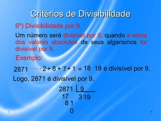 Critérios de Divisibilidade
6º) Divisibilidade por 9.
Um número será divisível por 9, quando a soma
dos valores absolutos de seus algarismos for
divisível por 9.

Exemplo:
2 + 8 + 7 + 1 = 18 18 é divisível por 9.
2871
Logo, 2871 é divisível por 9.

1

2871 9
17
3 19
81
0

9

 