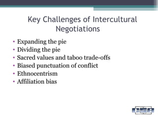 Key Challenges of Intercultural
Negotiations
• Expanding the pie
• Dividing the pie
• Sacred values and taboo trade-offs
• Biased punctuation of conflict
• Ethnocentrism
• Affiliation bias
 