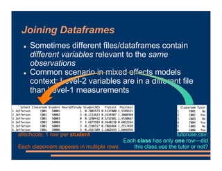 Joining Dataframes
! Sometimes different files/dataframes contain
different variables relevant to the same
observations
! Common scenario in mixed effects models
context: Level-2 variables are in a different file
than Level-1 measurements
allschools: 1 row per student
Each classroom appears in multiple rows
tutoruse.csv:
Each class has only one row—did
this class use the tutor or not?
 
