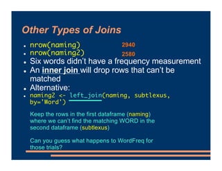 Other Types of Joins
! nrow(naming)
! nrow(naming2)
! Six words didn’t have a frequency measurement
! An inner join will drop rows that can’t be
matched
! Alternative:
! naming2 <- left_join(naming, subtlexus,
by='Word')
Keep the rows in the first dataframe (naming)
where we can’t find the matching WORD in the
second dataframe (subtlexus)
Can you guess what happens to WordFreq for
those trials?
2940
2580
 