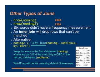 Other Types of Joins
! nrow(naming)
! nrow(naming2)
! Six words didn’t have a frequency measurement
! An inner join will drop rows that can’t be
matched
! Alternative:
! naming2 <- left_join(naming, subtlexus,
by='Word')
Keep the rows in the first dataframe (naming)
where we can’t find the matching WORD in the
second dataframe (subtlexus)
WordFreq will be NA (missing data) in these rows
2940
2580
 