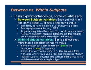 Between vs. Within Subjects
• In an experimental design, some variables are:
" Between-Subjects variables: Each subject is in 1
and only 1 group … or has 1 and only 1 value
• Randomly assigned to drug 1 vs. drug 2 vs. placebo
• Demographic variables; e.g., SES
• Cognitive/linguistic differences (e.g., working mem. score)
• “Between subjects” because differences in this variable
are only seen between one subject and another
" Within-Subjects variables: Same subject sees
more than 1 condition or has >1 value
• Same subject sees both congruent (green) and
incongruent (blue) Stroop trials
• Values that vary w/in a study, e.g., # of previous trials
• Variables where you’d use a repeated measures ANOVA
• “Within-subjects” because you can see differences in this
variable even within a single subject
 