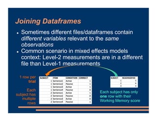 Joining Dataframes
! Sometimes different files/dataframes contain
different variables relevant to the same
observations
! ...