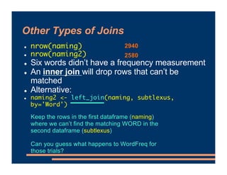 Other Types of Joins
! nrow(naming)
! nrow(naming2)
! Six words didn’t have a frequency measurement
! An inner join will d...