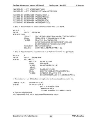 Database Management Systems Lab Manual

Session: Aug – Nov 2012

V Semester

INSERT INTO LLOAN VALUES(4,'CP',4000);
INSERT INTO LLOAN VALUES(5,'JANTARMANTAR',5000);
INSERT INTO BBORROWER VALUES('ANNE',1);
INSERT INTO BBORROWER VALUES('ANNE',2);
INSERT INTO BBORROWER VALUES('TOM',3);
INSERT INTO BBORROWER VALUES('NICK',4);
INSERT INTO BBORROWER VALUES('ROVER',5);
iii. Find all the customers who have at least two accounts at the Main branch.
SELECT
*
FROM
BBANKCUSTOMER C
WHERE EXISTS
(SELECT
DP.CUSTOMERNAME, COUNT (DP.CUSTOMERNAME)
FROM
DDEPOSITOR DP,BBANKACCOUNT BA
WHERE
DP.ACCNO=BA.ACCNO AND
C.CUSTOMERNAME=DP.CUSTOMERNAME AND
BA.BRANCHNAME='RESIDENCY ROAD'
GROUP BY DP.CUSTOMERNAME
HAVING
COUNT(DP.CUSTOMERNAME)>=2);
iv. Find all the customers who have an account at all the branches located in a specific city.
SELECT
FROM
WHERE

*
BBANKCUSTOMER BC
NOT EXISTS
(SELECT
BRANCHNAME
FROM
BBRANCH
WHERE
BRANCHCITY='DELHI'
MINUS
SELECT
BA.BRANCHNAME
FROM
DDEPOSITOR D,BBANKACCOUNT BA
WHERE
D.ACCNO=BA.ACCNO AND
BC.CUSTOMERNAME=D.CUSTOMERNAME );

v. Demonstrate how you delete all account tuples at every branch located in a specific city.
DELETE FROM
WHERE

BBANKACCOUNT
BRANCHNAME IN
(SELECT BRANCHNAME
FROM BBRANCH
WHERE BRANCHCITY='BANGALORE');
vi. Generate suitable reports.
vii. Create suitable front end for querying and displaying the results.

Department of Information Science

-14-

RNSIT, Bengaluru

 