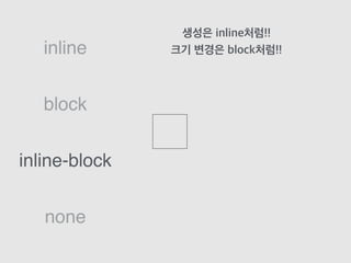 block
inline
inline-block
none
생성은 inline처럼!!
크기 변경은 block처럼!!
 