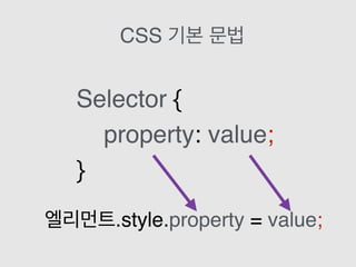 Selector {
property: value;
}
CSS 기본 문법
엘리먼트.style.property = value;
 