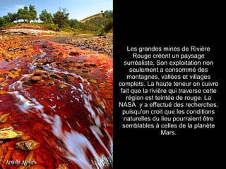 Les grandes mines de Rivière
       Rouge créent un paysage
   surréaliste. Son exploitation non
     seulement a consommé des
    montagnes, vallées et villages
complets. La haute teneur en cuivre
 fait que la rivière qui traverse cette
    région est teintée de rouge. La
NASA y a effectué des recherches,
  puisqu'on croit que les conditions
  naturelles du lieu pourraient être
  semblables à celles de la planète
                  Mars.
 