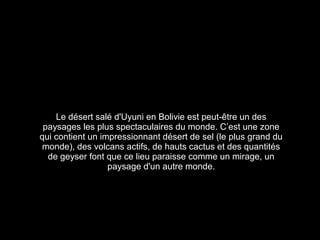 Le désert salé d'Uyuni en Bolivie est peut-être un des
 paysages les plus spectaculaires du monde. C’est une zone
qui contient un impressionnant désert de sel (le plus grand du
 monde), des volcans actifs, de hauts cactus et des quantités
  de geyser font que ce lieu paraisse comme un mirage, un
                  paysage d'un autre monde.
 