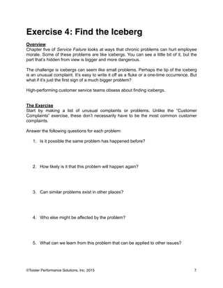 Exercise 4: Find the Iceberg!
!
Overview
Chapter five of Service Failure looks at ways that chronic problems can hurt employee
morale. Some of these problems are like icebergs. You can see a little bit of it, but the
part that’s hidden from view is bigger and more dangerous.
!
The challenge is icebergs can seem like small problems. Perhaps the tip of the iceberg
is an unusual complaint. It’s easy to write it off as a fluke or a one-time occurrence. But
what if it’s just the first sign of a much bigger problem?
!
High-performing customer service teams obsess about finding icebergs.
!
!
The Exercise
Start by making a list of unusual complaints or problems. Unlike the “Customer
Complaints” exercise, these don’t necessarily have to be the most common customer
complaints.
!
Answer the following questions for each problem:
!
1. Is it possible the same problem has happened before?
!
!
!
!
2. How likely is it that this problem will happen again?
!
!
!
!
3. Can similar problems exist in other places?
!
!
!
!
4. Who else might be affected by the problem?
!
!
!
!
5. What can we learn from this problem that can be applied to other issues?
!
7©Toister Performance Solutions, Inc. 2015
 