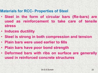 Dr.G.S.Suresh 22
• Steel in the form of circular bars (Re-bars) are
used as reinforcement to take care of tensile
stress
• Induces ductility
• Steel is strong in both compression and tension
• Plain bars were used earlier to 60s
• Plain bars have poor bond strength
• Deformed bars with ribs on surface are generally
used in reinforced concrete structures
Materials for RCC- Properties of Steel
 
