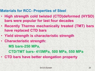 Dr.G.S.Suresh 23
• High strength cold twisted (CTD)deformed (HYSD)
bars were popular for last four decades
• Recently Thermo mechanically treated (TMT) bars
have replaced CTD bars
• Yield strength is characteristic strength
• Characteristic strength:
MS bars-250 MPa,
CTD/TMT bars- 415MPa, 500 MPa, 550 MPa
• CTD bars have better elongation property
Materials for RCC- Properties of Steel
 