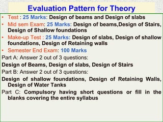 Evaluation Pattern for Theory
• Test : 25 Marks: Design of beams and Design of slabs
• Mid sem Exam: 25 Marks: Design of beams,Design of Stairs,
Design of Shallow foundations
• Make-up Test : 25 Marks: Design of slabs, Design of shallow
foundations, Design of Retaining walls
• Semester End Exam: 100 Marks
Part A: Answer 2 out of 3 questions:
Design of Beams, Design of slabs, Design of Stairs
Part B: Answer 2 out of 3 questions:
Design of shallow foundations, Design of Retaining Walls,
Design of Water Tanks
Part C: Compulsory having short questions or fill in the
blanks covering the entire syllabus
 