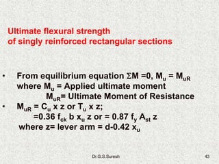 Dr.G.S.Suresh 43
Ultimate flexural strength
of singly reinforced rectangular sections
• From equilibrium equation M =0, Mu = MuR
where Mu = Applied ultimate moment
MuR= Ultimate Moment of Resistance
• MuR = Cu x z or Tu x z;
=0.36 fck b xu z or = 0.87 fy Ast z
where z= lever arm = d-0.42 xu
 