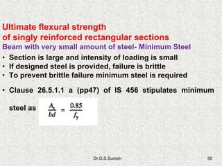 Dr.G.S.Suresh 60
Ultimate flexural strength
of singly reinforced rectangular sections
Beam with very small amount of steel- Minimum Steel
• Section is large and intensity of loading is small
• If designed steel is provided, failure is brittle
• To prevent brittle failure minimum steel is required
• Clause 26.5.1.1 a (pp47) of IS 456 stipulates minimum
steel as
 