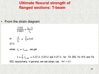 87
Ultimate flexural strength of
flanged sections: T-beam
• From the strain diagram
 