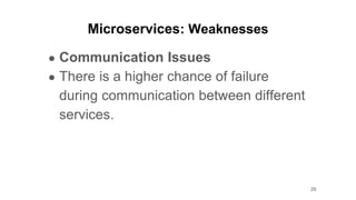 Microservices: Weaknesses
● Communication Issues
● There is a higher chance of failure
during communication between different
services.
29
 