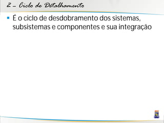 2 – Ciclo de Detalhamento
 É o ciclo de desdobramento dos sistemas,
  subsistemas e componentes e sua integração
 