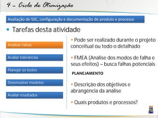 4 – Ciclo de Otimização
Avaliação de SSC, configuração e documentação de produto e processo

 Tarefas desta atividade
                                  Pode ser realizado durante o projeto
Analisar falhas                  conceitual ou todo o detalhado

Avaliar tolerâncias               FMEA (Análise dos modos de falha e
                                 seus efeitos) – busca falhas potenciais
Planejar os testes
                                 PLANEJAMENTO

Desenvolver modelos
                                  Descrição dos objetivos e
                                 abrangência da análise
Avaliar resultados
                                  Quais produtos e processos?
 