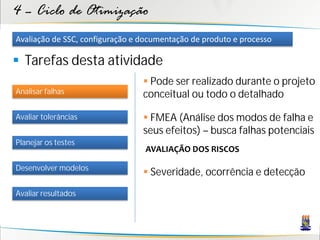 4 – Ciclo de Otimização
Avaliação de SSC, configuração e documentação de produto e processo

 Tarefas desta atividade
                                  Pode ser realizado durante o projeto
Analisar falhas                  conceitual ou todo o detalhado

Avaliar tolerâncias               FMEA (Análise dos modos de falha e
                                 seus efeitos) – busca falhas potenciais
Planejar os testes
                                 AVALIAÇÃO DOS RISCOS

Desenvolver modelos
                                  Severidade, ocorrência e detecção
Avaliar resultados
 