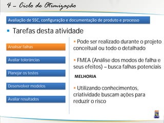 4 – Ciclo de Otimização
Avaliação de SSC, configuração e documentação de produto e processo

 Tarefas desta atividade
                                  Pode ser realizado durante o projeto
Analisar falhas                  conceitual ou todo o detalhado

Avaliar tolerâncias               FMEA (Análise dos modos de falha e
                                 seus efeitos) – busca falhas potenciais
Planejar os testes
                                 MELHORIA

Desenvolver modelos
                                  Utilizando conhecimentos,
                                 criatividade buscam ações para
Avaliar resultados
                                 reduzir o risco
 