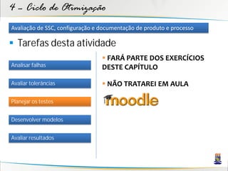 4 – Ciclo de Otimização
Avaliação de SSC, configuração e documentação de produto e processo

 Tarefas desta atividade
                                  FARÁ PARTE DOS EXERCÍCIOS
Analisar falhas                  DESTE CAPÍTULO

Avaliar tolerâncias               NÃO TRATAREI EM AULA

Planejar os testes


Desenvolver modelos


Avaliar resultados
 