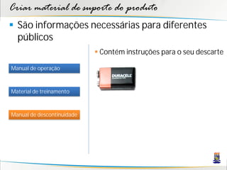 Criar material de suporte do produto
 São informações necessárias para diferentes
  públicos
                             Contém instruções para o seu descarte

Manual de operação



Material de treinamento



Manual de descontinuidade
 