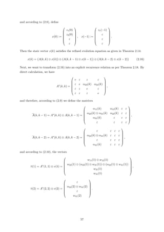 and according to (2.8), deﬁne
x(0) :=







z1(0)
z2(0)
ε
ε







, x(−1) :=







z1(−1)
ε
ε
ε







.
Then the state vector x(k) satisﬁes the reﬁned evolution equation as given in Theorem 2.14:
x(k) = A(k, k) ⊗ x(k) ⊕ A(k, k − 1) ⊗ x(k − 1) ⊕ A(k, k − 2) ⊗ x(k − 2) (2.16)
Next, we want to transform (2.16) into an explicit recurrence relation as per Theorem 2.18. By
direct calculation, we have
A∗
(k, k) =







e ε ε ε
ε e α23(k) α24(k)
ε ε e ε
ε ε ε e







,
and therefore, according to (2.9) we deﬁne the matrices
A(k, k − 1) = A∗
(k, k) ⊗ A(k, k − 1) =







α11(k) α12(k) ε ε
α23(k) ⊗ α31(k) α22(k) ε ε
α31(k) ε ε ε
ε ε ε ε







,
A(k, k − 2) = A∗
(k, k) ⊗ A(k, k − 2) =







ε ε ε ε
α24(k) ⊗ α41(k) ε ε ε
ε ε ε ε
α41(k) ε ε ε







,
and according to (2.10), the vectors
v(1) = A∗
(1, 1) ⊗ v(1) =







w11(1) ⊕ w12(1)
w22(1) ⊕ (α23(1) ⊗ w31(1)) ⊕ (α24(1) ⊗ w41(1))
w31(1)
w41(1)







,
v(2) = A∗
(2, 2) ⊗ v(2) =







ε
α24(2) ⊗ w41(2)
ε
w41(2)







.
57
 