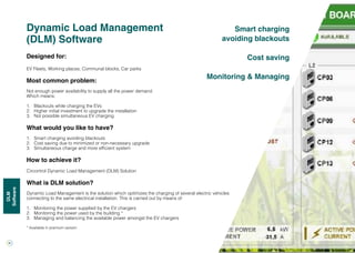 40
DLM
Software
Dynamic Load Management
(DLM) Software
Designed for:
EV Fleets, Working places, Communal blocks, Car parks
Most common problem:
Not enough power availability to supply all the power demand.
Which means:
1.	 Blackouts while charging the EVs
2.	 Higher initial investment to upgrade the installation
3.	 Not possible simultaneous EV charging
What would you like to have?
1.	 Smart charging avoiding blackouts
2.	 Cost saving due to minimized or non-necessary upgrade
3.	 Simultaneous charge and more efficient system
How to achieve it?
Circontrol Dynamic Load Management (DLM) Solution
What is DLM solution?
Dynamic Load Management is the solution which optimizes the charging of several electric vehicles
connecting to the same electrical installation. This is carried out by means of:
1.	 Monitoring the power supplied by the EV chargers
2.	 Monitoring the power used by the building *
3.	 Managing and balancing the available power amongst the EV chargers
* Available in premium version
Smart charging
avoiding blackouts
Cost saving
Monitoring & Managing
 