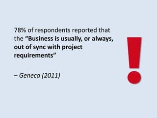 78% of respondents reported that
the “Business is usually, or always,
out of sync with project
requirements”
– Geneca (2011)
 