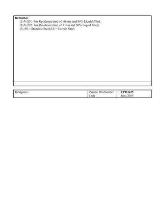 Remarks:
(1) V-201: For Residence time of 10 min and 80% Liquid filled.
(2) V-202: For Residence time of 5 min and 50% Liquid filled.
(3) SS = Stainless Steel;CS = Carbon Steel
Designers : Project ID-Number : CPD3425
Date : June 2015
 