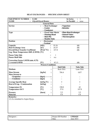 HEAT EXCHANGER – SPECIFICATION SHEET
EQUIPMENT NUMBER : E-202 In Series : 1
NAME : Glycol/Glycol Heater In Parallel : none
General Data
Service : - Heat Exchanger - Vaporizer
- Cooler - Reboiler
- Condenser
Type : - Fixed Tube Sheets - Plate Heat Exchanger
- Floating Head - Finned Tubes
- Hair Pin - Thermosyphon
- Double Tube -
Position : - Horizontal
- Vertical
Capacity [kW] : 93.36 (1)
Heat Exchange Area [m2
] : 24.35 (1)
Overall Heat Transfer Coefficient [W/m2
o
C] : 327.8 (1)
Log. Mean Temperature Diff. (LMTD) [o
C] :
Passes Tube Side : 1
Passes Shell Side : n.a
Correction Factor LMTD (min. 0.75) :
Corrected LMTD [o
C] : 42.13 (1)
Process Conditions
Medium :
Mass Stream [kg/hr] :
Mass Stream to
- Evaporize [kg/s] :
- Condense [kg/s] :
Average Specific Heat [kJ/kgo
C] :
Heat of Evap. / Condensation [kJ/kg] :
Temperature IN [o
C] :
Temperature OUT [o
C] :
Pressure [bara] :
Material :
Shell Side Tube Side
Rich TEG
786.4
-
-
3
-
198.0
57.0
2.5
CS
Lean TEG
1657
-
-
3
-
42
107.8
3.5
CS
Remarks:
(1) As simulated in Aspen Hysys.
Designers : Project ID-Number : CPD3425
Date : June 2015
 