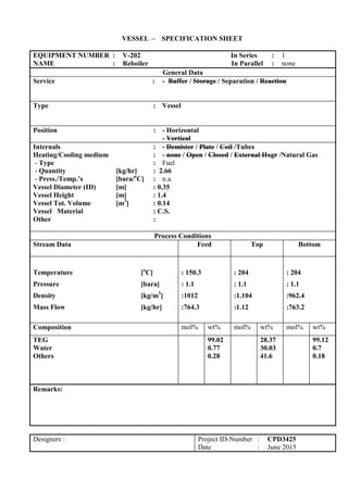 VESSEL – SPECIFICATION SHEET
EQUIPMENT NUMBER : V-202 In Series : 1
NAME : Reboiler In Parallel : none
General Data
Service : - Buffer / Storage / Separation / Reaction
Type : Vessel
Position : - Horizontal
- Vertical
Internals : - Demister / Plate / Coil /Tubes
Heating/Cooling medium : - none / Open / Closed / External Hxgr /Natural Gas
- Type : Fuel
- Quantity [kg/hr] : 2.66
- Press./Temp.’s [bara/o
C] : n.a.
Vessel Diameter (ID) [m] : 0.35
Vessel Height [m] : 1.4
Vessel Tot. Volume [m3
] : 0.14
Vessel Material : C.S.
Other :
Process Conditions
Stream Data Feed Top Bottom
Temperature [o
C]
Pressure [bara]
Density [kg/m3
]
Mass Flow [kg/hr]
: 150.3
: 1.1
:1012
:764.3
: 204
: 1.1
:1.104
:1.12
: 204
: 1.1
:962.4
:763.2
Composition mol% wt% mol% wt% mol% wt%
TEG
Water
Others
99.02
0.77
0.28
28.37
30.03
41.6
99.12
0.7
0.18
Remarks:
Designers : Project ID-Number : CPD3425
Date : June 2015
 