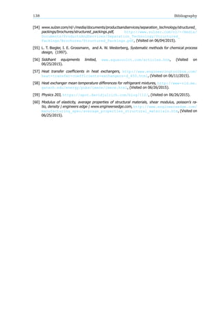 138 Bibliography
[54] www.sulzer.com/nl/-/media/documents/productsandservices/separation technology/structured
packings/brochures/structured packings.pdf, http://www.sulzer.com/nl/-/media/
Documents/ProductsAndServices/Separation_Technology/Structured_
Packings/Brochures/Structured_Packings.pdf, (Visited on 06/04/2015).
[55] L. T. Biegler, I. E. Grossmann, and A. W. Westerberg, Systematic methods for chemical process
design, (1997).
[56] Siddhant equipments limited, www.aquacoolct.com/articles.htm, (Visited on
06/25/2015).
[57] Heat transfer coefficients in heat exchangers, http://www.engineeringtoolbox.com/
heat-transfer-coefficients-exchangers-d_450.html, (Visited on 06/11/2015).
[58] Heat exchanger mean temperature differences for refrigerant mixtures, http://www-old.me.
gatech.edu/energy/pubs/imece/imece.html, (Visited on 06/26/2015).
[59] Physics 203, https://spot.davidjulrich.com/blog/112/, (Visited on 06/26/2015).
[60] Modulus of elasticity, average properties of structural materials, shear modulus, poisson’s ra-
tio, density engineers edge www.engineersedge.com, http://www.engineersedge.com/
manufacturing_spec/average_properties_structural_materials.htm, (Visited on
06/25/2015).
 