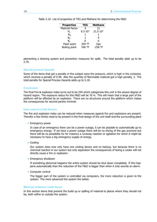 16 2. Conventional Process
Table 2.10: List of properties of TEG and Methane for determining the F&EI
Properties TEG Methane
Material Factor 4 21
H 9.3·10 21.5·10
N 1 1
N 1 4
N 0 0
Flash point 350 °F Gas
Boiling point 546 °F -258 °F
plementing a draining system and prevention measures for spills. The total penalty adds up to be
2.70.
Special process hazards
Some of the items that got a penalty in this subject were the pressure, which is high in the contactor,
which receives a penalty of 0.48. Also the quantity of flammable material got a high penalty, 3. The
total penalty for Special Process Hazards adds up to 5.18.
Conclusion
The final Fire & explosion index turns out to be 294 which categorizes this unit in the severe degree of
hazard region. The exposure radius for this F&EI will be 70 m. This will mean that a large part of the
platform will be affected by an explosion. There are no structures around the platform which makes
the consequences for second parties minimal.
Loss control credit factors
The fire and explosion index can be reduced when measures against fire and explosions are present.
Therefor a few thinks need to be present in the final design of the unit itself and the surrounding plant
• Emergency power
In case of an emergency there can be a power outage, it can be possible to automatically go to
emergency energy. If we have a power outage there will be no drying of the gas anymore but
there will be no possibility for for instance a runaway reaction or agitation for which it might be
necessary to have a big emergency supply of energy.
• Cooling
Our system does now only have one cooling device and no backup, but because there is no
chemical reaction in our system but only separation the consequences of losing a cooler will not
directly cause a fire or explosion.
• Emergency shutdown
If something abnormal happens the entire system should be shut down completely. If this hap-
pens automatically than the reduction of the F&EI is bigger than when it only sounds an alarm.
• Computer control
The bigger part of the system is controlled via computers, the more reduction is given to the
system. The more advanced the system the better.
Material isolation credit factor
In this section items that prevent the build up or spilling of material to places where they should not
be, both within or outside the system.
 